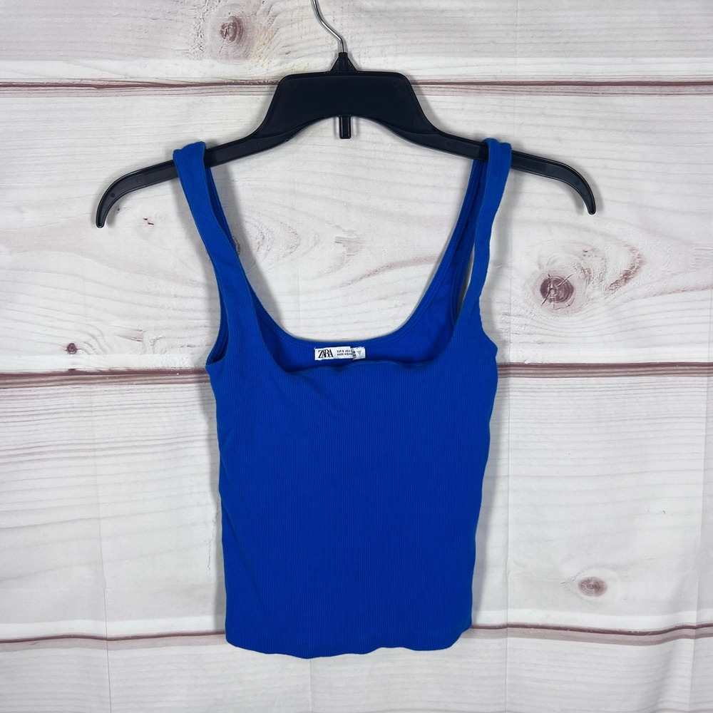 Zara Tank Top Women Small Blue Ribbed Knit Scoop Neck Sleeveless Cropped Basic